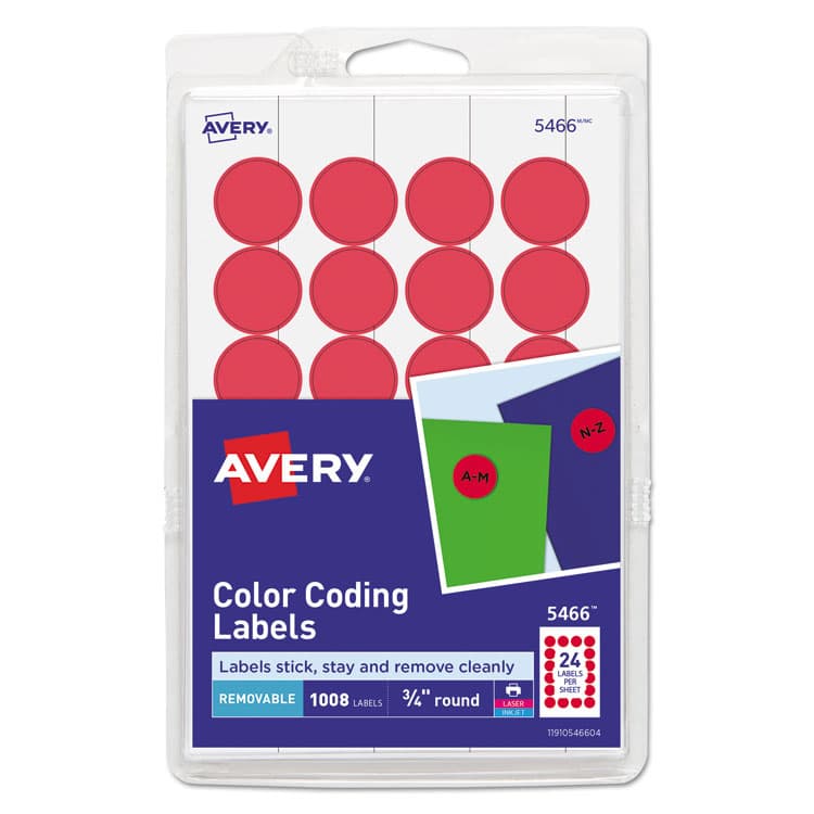 AVERY PRODUCTS CORPORATION Printable Self-Adhesive Removable Color-Coding Labels, 0.75" dia, Red, 24/Sheet, 42 Sheets/Pack, (5466) (AVE05466)