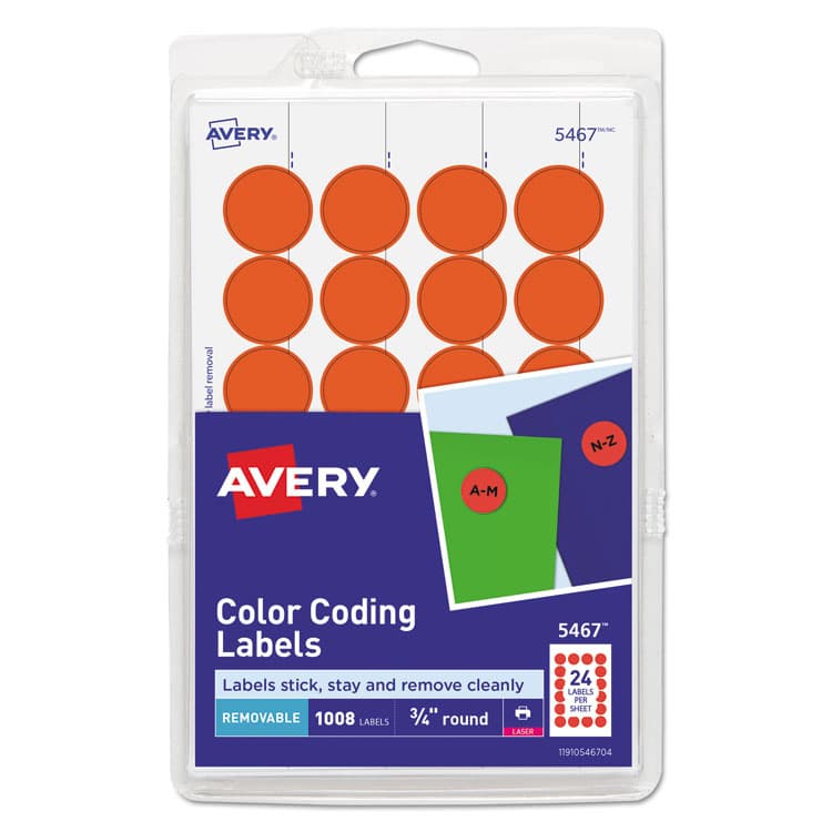 AVERY PRODUCTS CORPORATION Printable Self-Adhesive Removable Color-Coding Labels, 0.75" dia, Neon Red, 24/Sheet, 42 Sheets/Pack, (5467) (AVE05467)