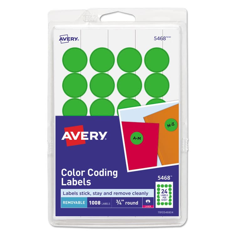 AVERY PRODUCTS CORPORATION Printable Self-Adhesive Removable Color-Coding Labels, 0.75" dia, Neon Green, 24/Sheet, 42 Sheets/Pack, (5468) (AVE05468)