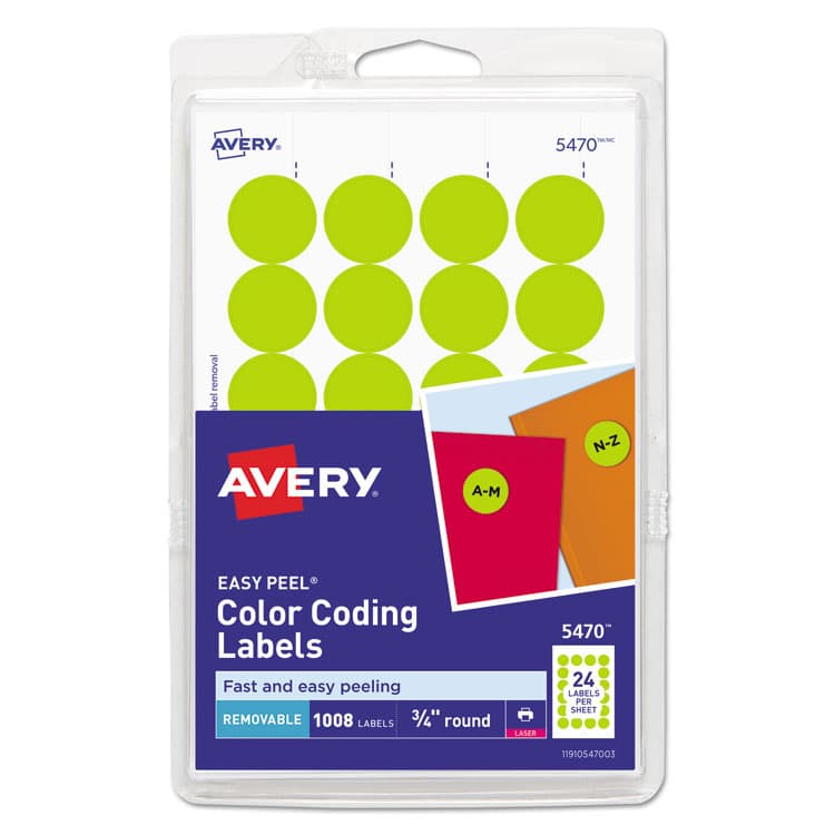 AVERY PRODUCTS CORPORATION Printable Self-Adhesive Removable Color-Coding Labels, 0.75" dia, Neon Yellow, 24/Sheet, 42 Sheets/Pack, (5470) (AVE05470)