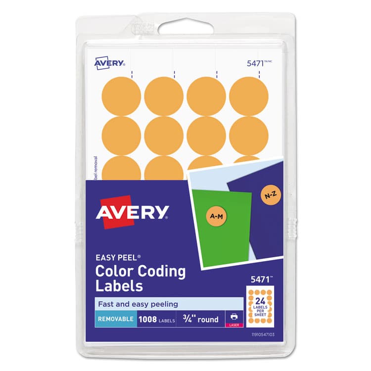 AVERY PRODUCTS CORPORATION Printable Self-Adhesive Removable Color-Coding Labels, 0.75" dia, Neon Orange, 24/Sheet, 42 Sheets/Pack, (5471) (AVE05471)