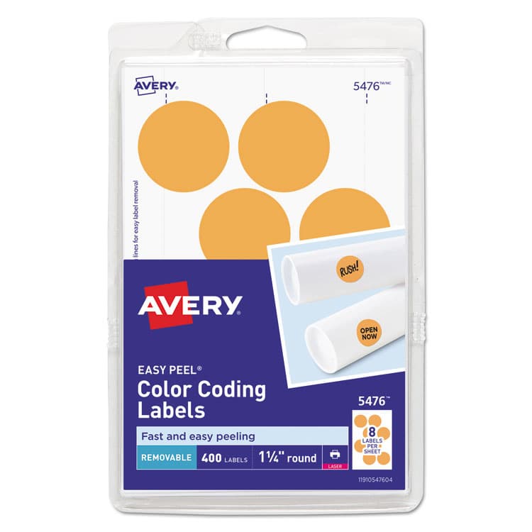 AVERY PRODUCTS CORPORATION Printable Self-Adhesive Removable Color-Coding Labels, 1.25" dia, Neon Orange, 8/Sheet, 50 Sheets/Pack, (5476) (AVE05476)