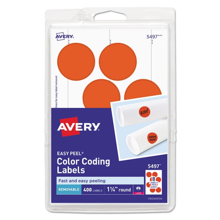 AVERY PRODUCTS CORPORATION Printable Self-Adhesive Removable Color-Coding Labels, 1.25" dia, Neon Red, 8/Sheet, 50 Sheets/Pack, (5497) (AVE05497)