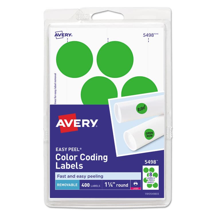 AVERY PRODUCTS CORPORATION Printable Self-Adhesive Removable Color-Coding Labels, 1.25" dia, Neon Green, 8/Sheet, 50 Sheets/Pack, (5498) (AVE05498)