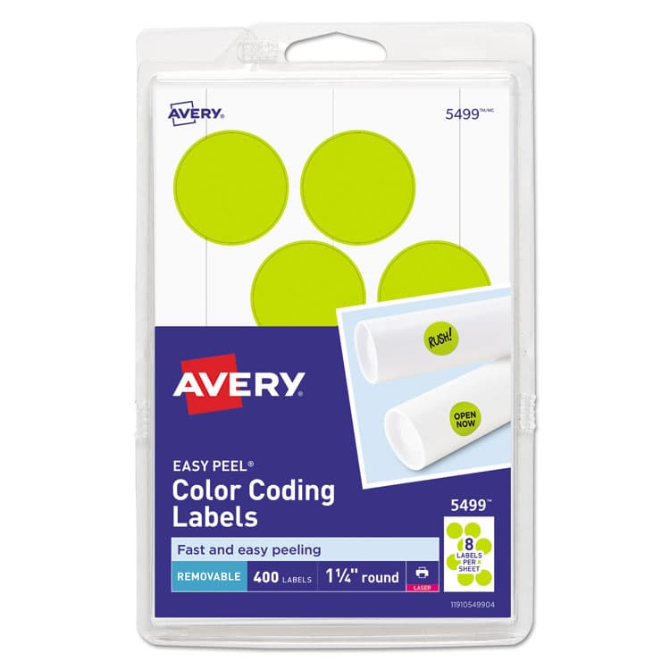 AVERY PRODUCTS CORPORATION Printable Self-Adhesive Removable Color-Coding Labels, 1.25" dia, Neon Yellow, 8/Sheet, 50 Sheets/Pack, (5499) (AVE05499)
