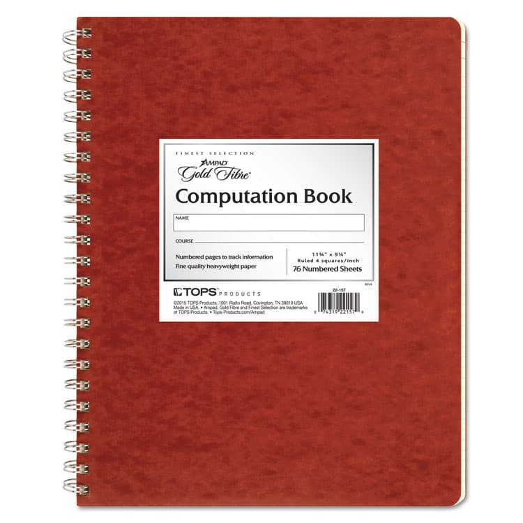 AMPAD/DIV. OF AMERCN PD&PPR Computation Book, Quadrille Rule (4 sq/in), Red Cover, (76) 11.75 x 9.38 Sheets (TOP22157)