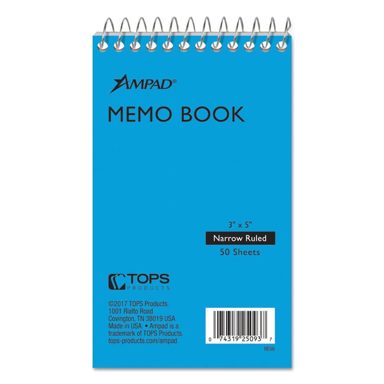 AMPAD/DIV. OF AMERCN PD&PPR Memo Pads, Randomly Assorted Cover Colors, Narrow Rule, (50) White 3 x 5 Sheets (TOP25093)