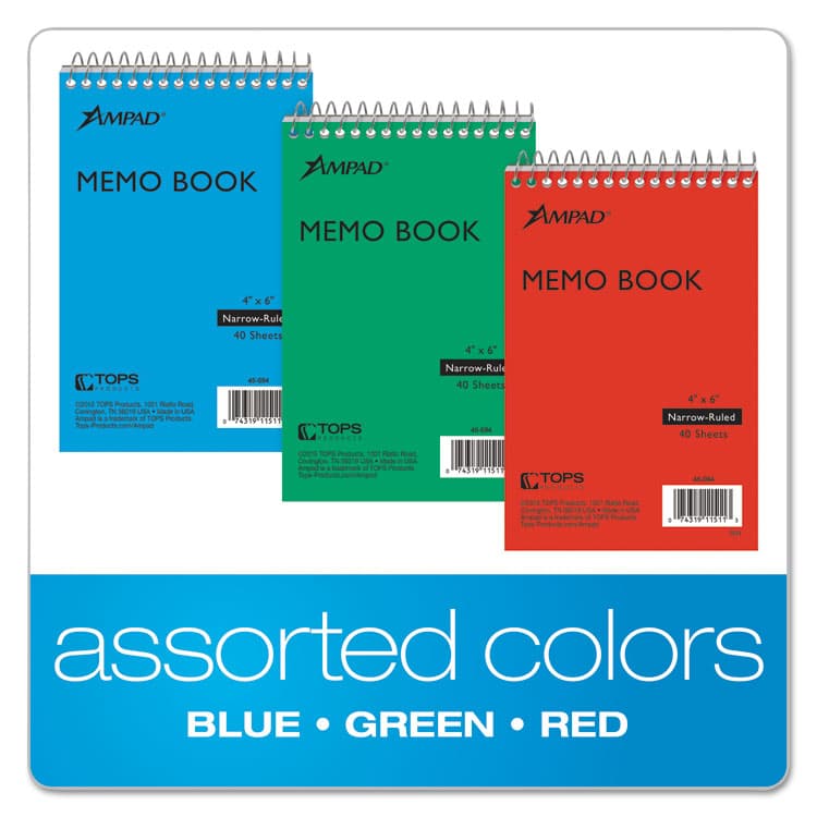 AMPAD/DIV. OF AMERCN PD&PPR Memo Pads, Assorted Cover Colors, Narrow Rule, (40) White 4 x 6 Sheets, 3/Pack (TOP45094) thumbnail 3
