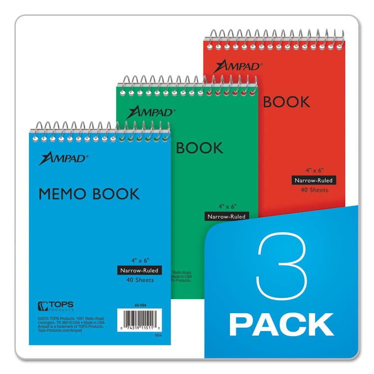 AMPAD/DIV. OF AMERCN PD&PPR Memo Pads, Assorted Cover Colors, Narrow Rule, (40) White 4 x 6 Sheets, 3/Pack (TOP45094) thumbnail 4