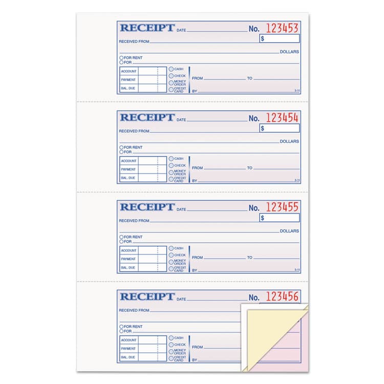 CARDINAL BRANDS . Receipt Book, Three-Part Carbonless, 7.19 x 2.75, 4 Forms/Sheet, 100 Forms Total (ABFTC1182)
