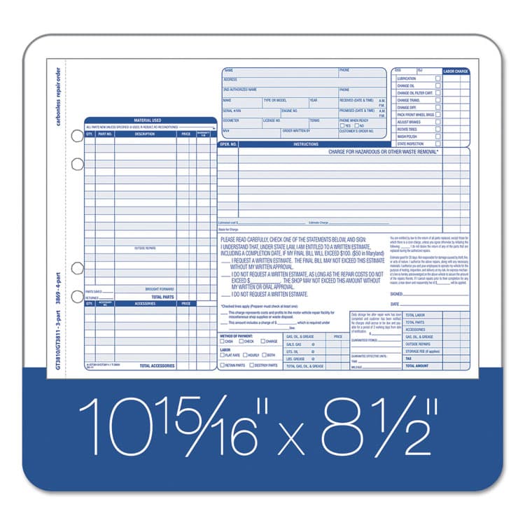 TOPS BUSINESS FORMS Auto Repair Four-Part Order Form, Four-Part Carbonless, 11 x 8.5, 50 Forms Total (TOP3869) thumbnail 2