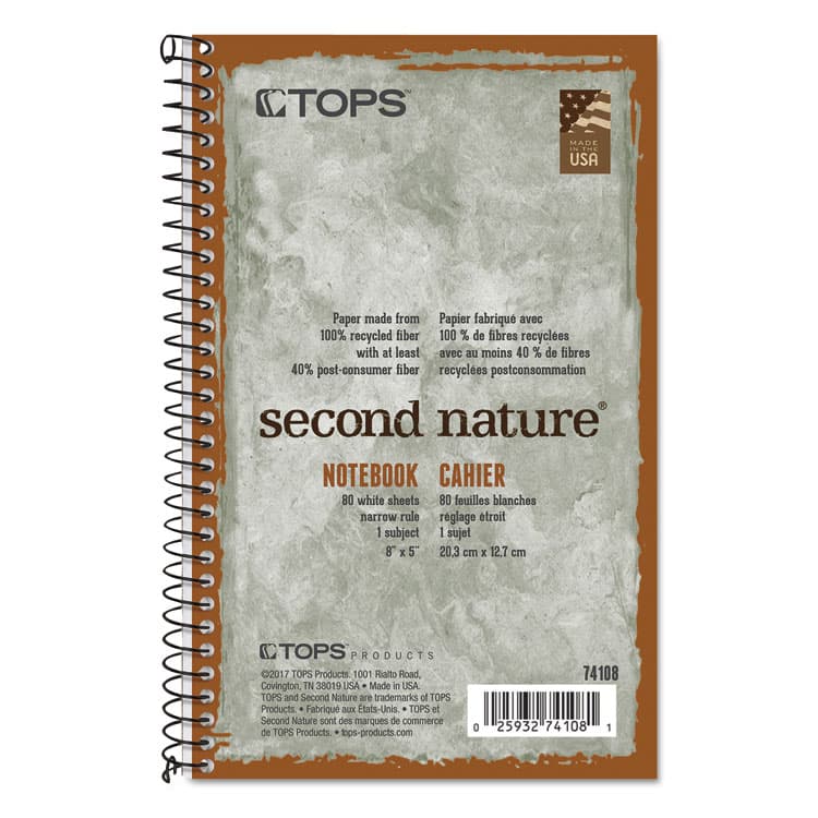 TOPS BUSINESS FORMS Second Nature Single Subject Wirebound Notebooks, Narrow Rule, Green Cover, (80) 8 x 5 Sheets (TOP74108)