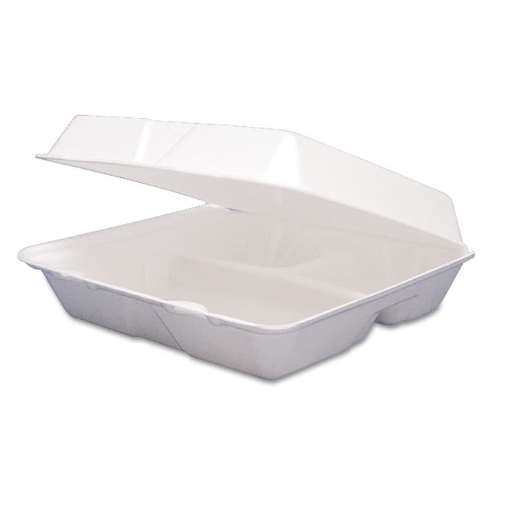 DART Foam Hinged Lid Containers, 3 Compartments, 9.25 x 9.5 x 3, White, 100/Sleeve, 2 Sleeves/Carton (DCC95HT3R) thumbnail 4