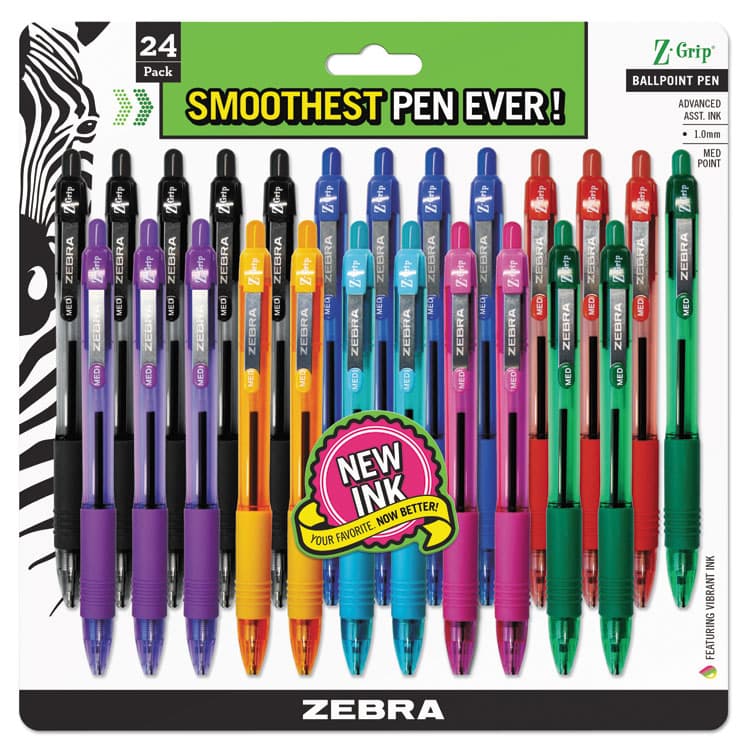 ZEBRA PEN CORP. Z-Grip Ballpoint Pen, Retractable, Medium 1 mm, Assorted Business/Artistic Ink and Barrel Colors, 24/Pack (ZEB12223)