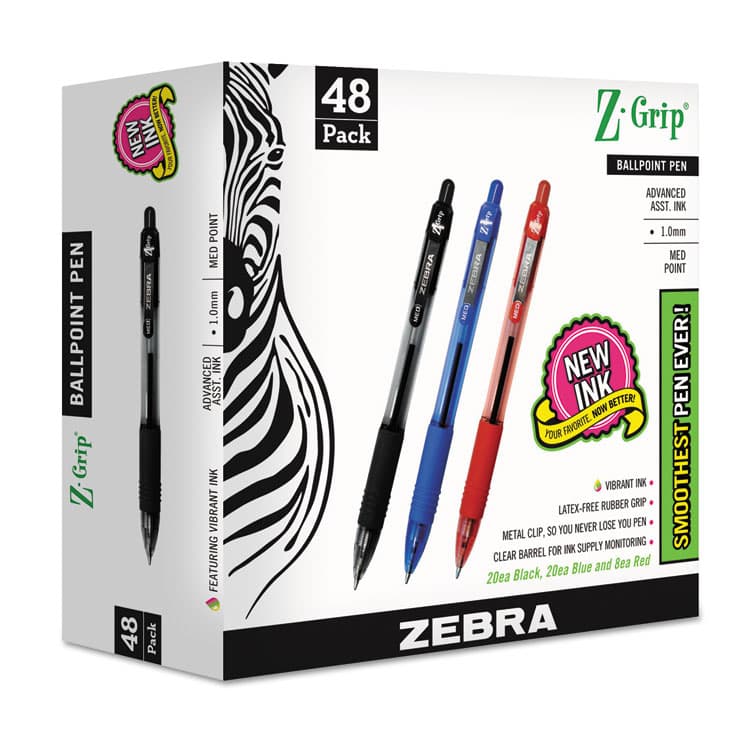 ZEBRA PEN CORP. Z-Grip Ballpoint Pen, Retractable, Medium 1 mm, Assorted Ink and Barrel Colors, 48/Pack (ZEB22048)