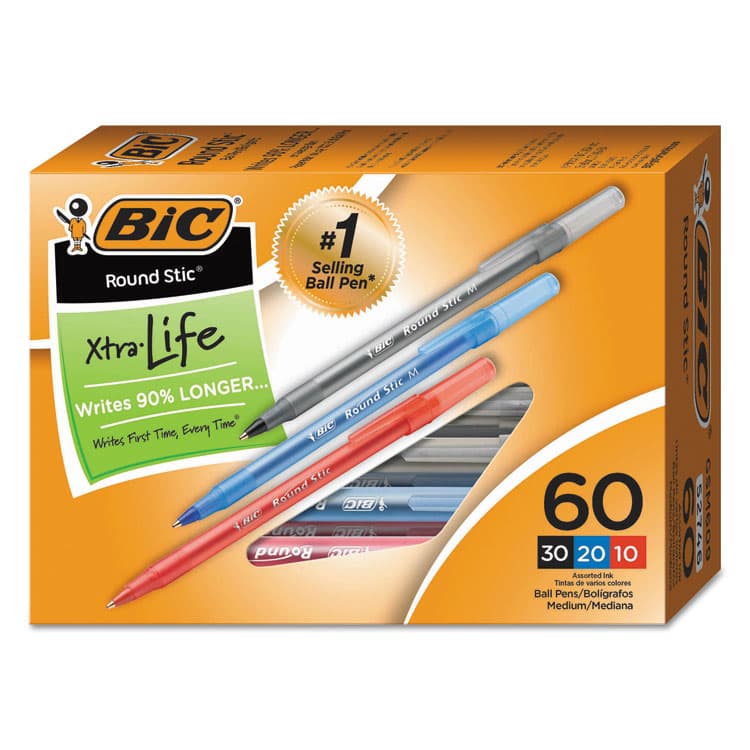 BIC CORP. Round Stic Xtra Precision Ballpoint Pen Value Pack, Stick, Medium 1 mm, Assorted Ink and Barrel Colors, 60/Pack (BICGSM609AST) thumbnail 4