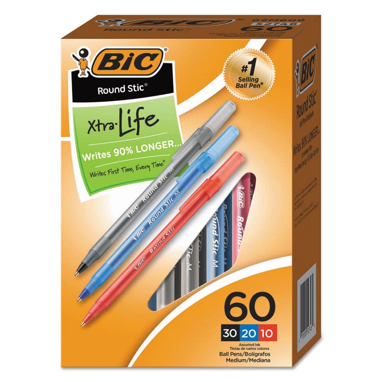 BIC CORP. Round Stic Xtra Precision Ballpoint Pen Value Pack, Stick, Medium 1 mm, Assorted Ink and Barrel Colors, 60/Pack (BICGSM609AST)