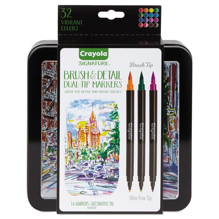 BINNEY & SMITH / CRAYOLA Brush and Detail Dual Ended Markers, Extra-Fine Brush/Bullet Tips, Assorted Colors, 16/Set (CYO586501)