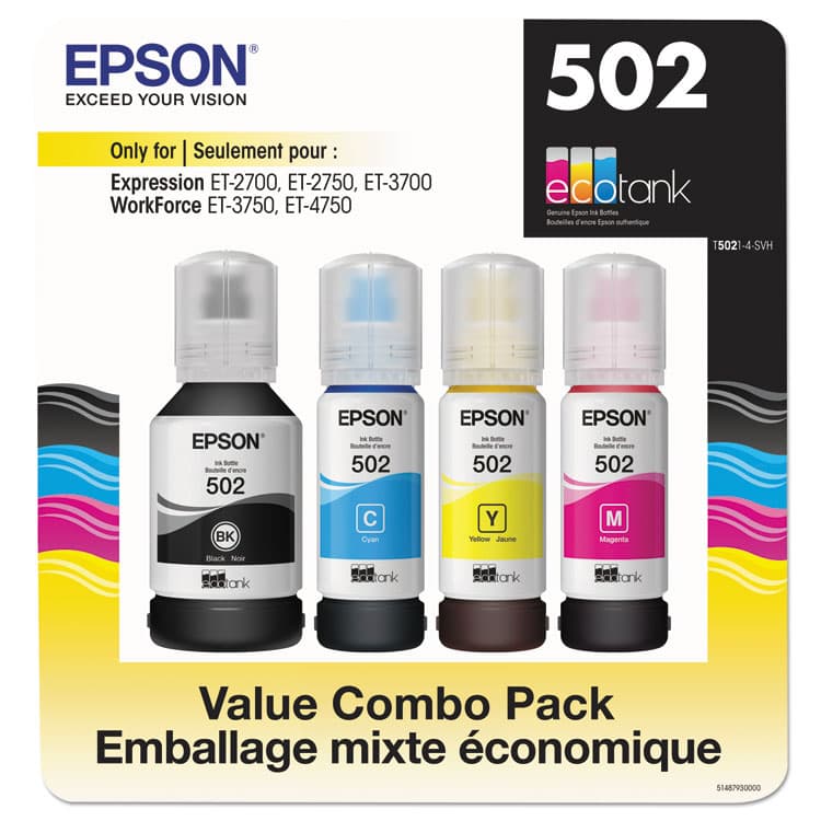 EPSON AMERICA, . T5021-4-SVH (502) Ink, 7,500/6,000 Page-Yield, Black/Cyan/Magenta/Yellow (EPST50214SVH)