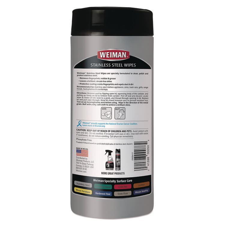 WEIMAN Stainless Steel Wipes, 1-Ply, 7 x 8, White, 30/Canister (WMN92) thumbnail 2