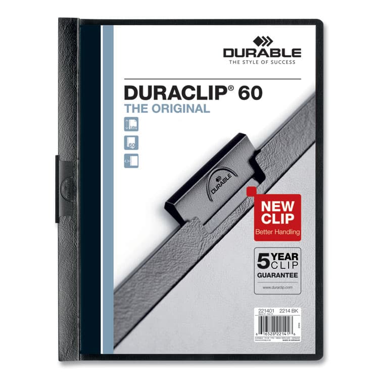 DURABLE OFFICE PRODUCTS CORP. DuraClip Report Cover, Clip Fastener, 8.5 x 11, Holds 60 Sheets, Clear/Black, 25/Box (DBL221401)
