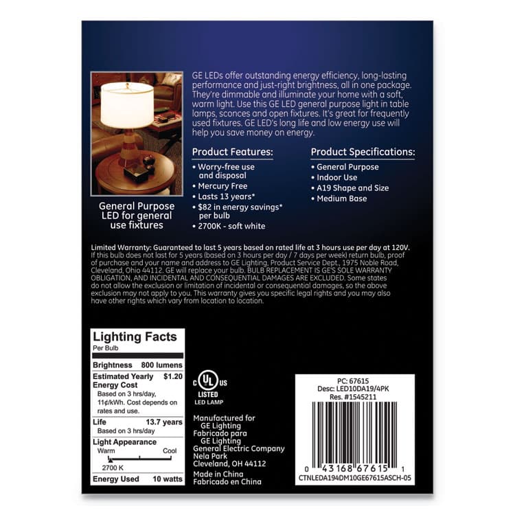 GENERAL ELECTRIC CO. LED SW A19 Dimmable Light Bulb, 10 W, Soft White, 4/Pack (GEL67615) thumbnail 2