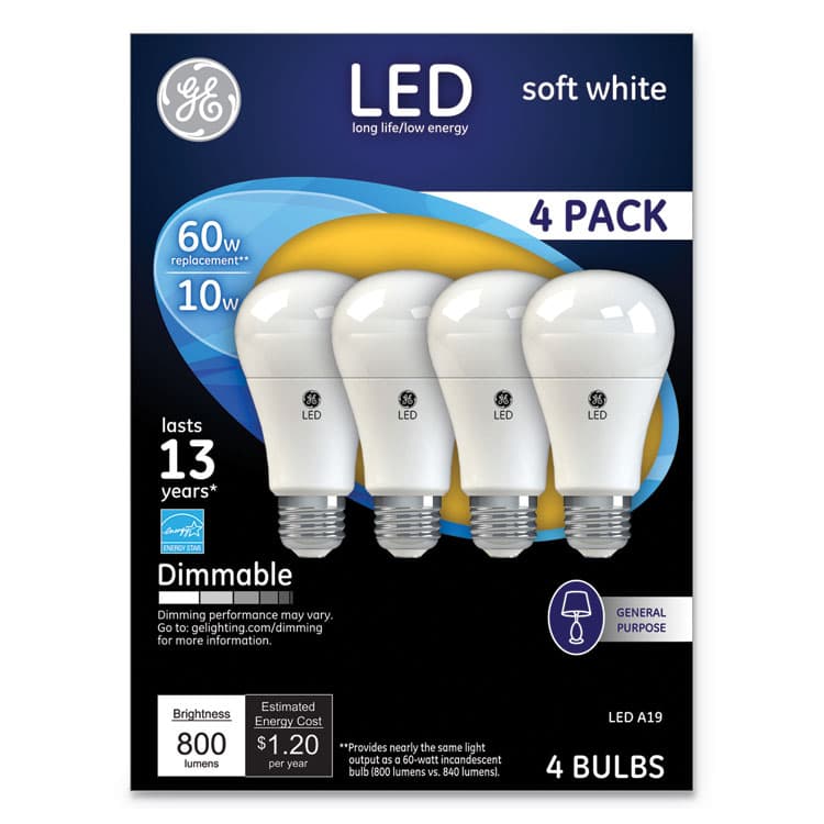 GENERAL ELECTRIC CO. LED SW A19 Dimmable Light Bulb, 10 W, Soft White, 4/Pack (GEL67615)