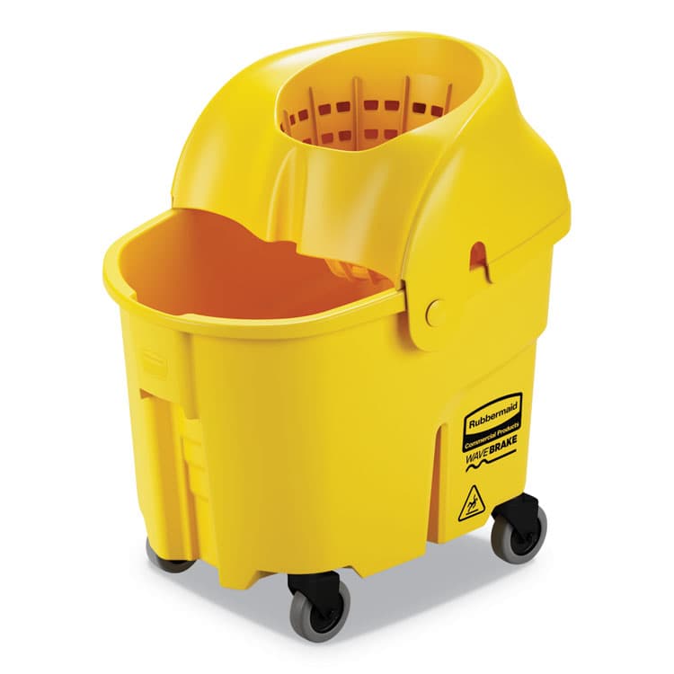 RUBBERMAID COMMERCIAL PROD. WaveBrake Institution Bucket and Wringer Combos, Down-Press, 35 qt, Plastic, Yellow (RCPFG759088YEL)