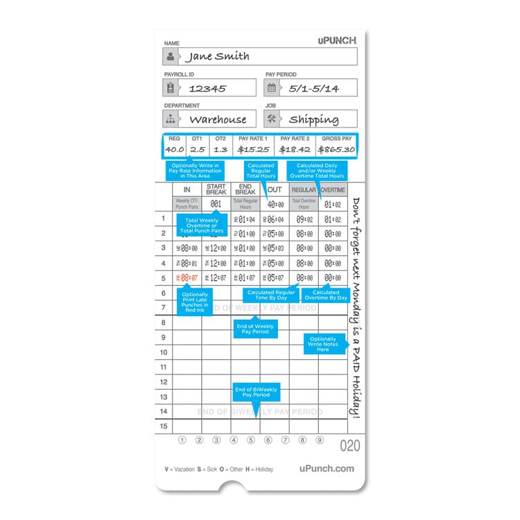 WORKWELL TECHNOLOGIES Time Clock Cards for uPunch HN2000/HN4000/HN4600, Two Sides, 7.5 x 3.5, 100/Pack (PPZHNTCL2100) thumbnail 3