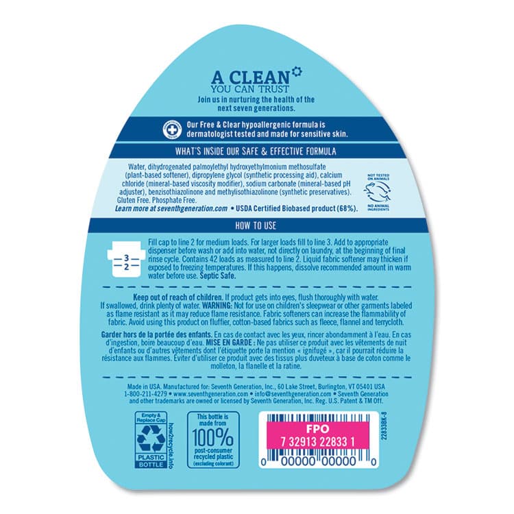 SEVENTH GENERATION Natural Liquid Fabric Softener, Free and Clear/Unscented 32 oz Bottle (SEV22833EA) thumbnail 3