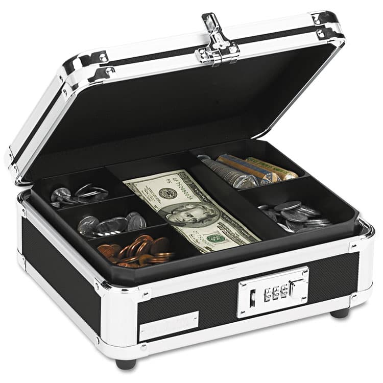 IDEASTREAM CONSUMER PRODUCTS Locking Cash Box, 7 Compartments, Key Lock, 10" x 8.75" x 5", Black/Chrome (IDEVZ01002) thumbnail 2