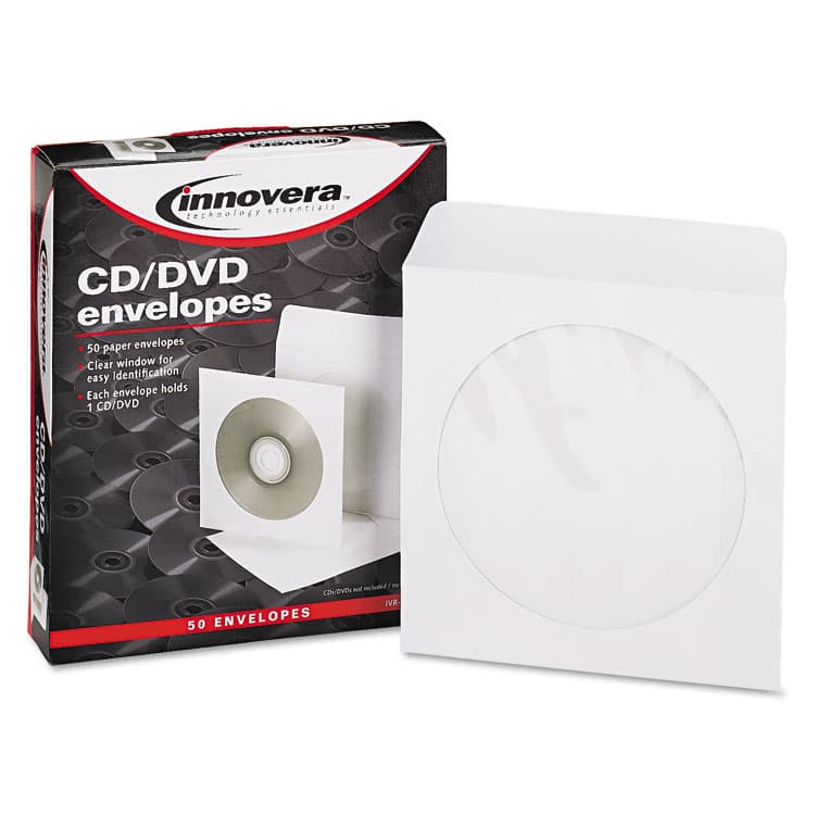 INNOVERA CD/DVD Envelopes, Clear Window, 1 Disc Capacity, White, 50/Pack (IVR39403)