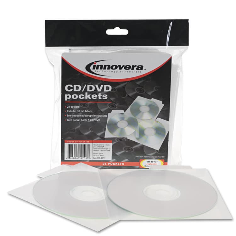 INNOVERA CD/DVD Pockets, 1 Disc Capacity, Clear, 25/Pack (IVR39701) thumbnail 2