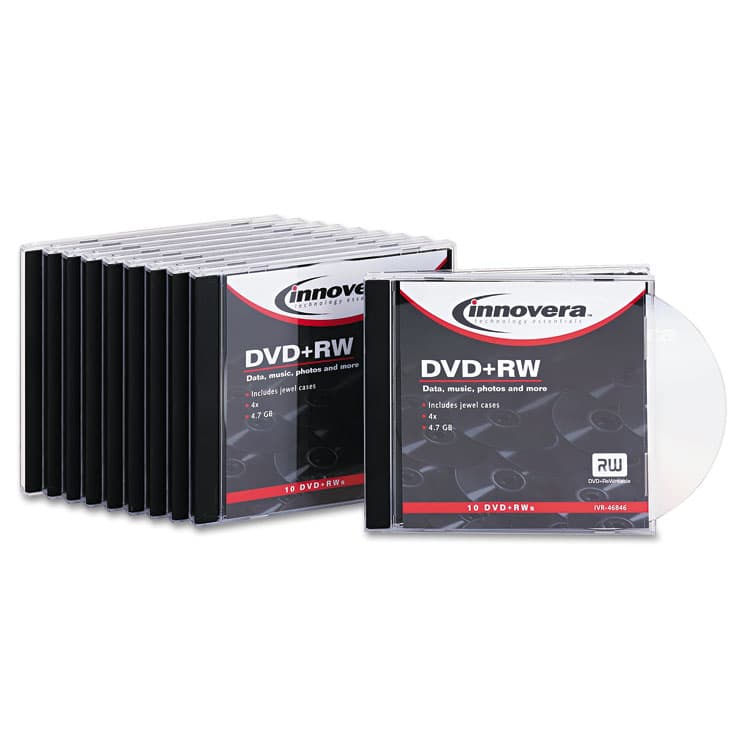 INNOVERA DVD+RW Rewritable Disc, 4.7 GB, 4x, Slim Jewel Case, Silver, 10/Pack (IVR46846)