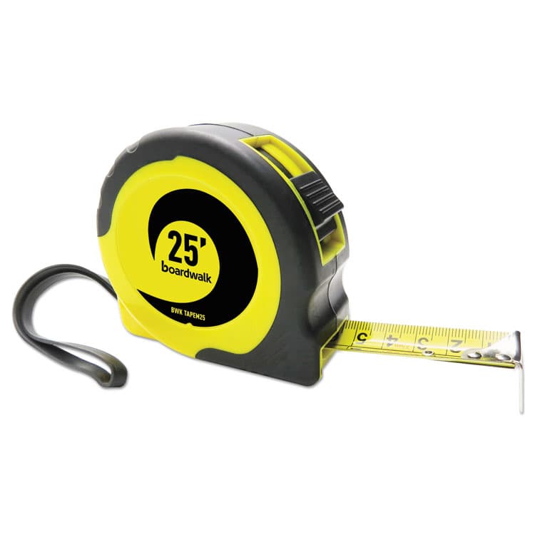 BOARDWALK Easy Grip Tape Measure, 25 ft, Plastic Case, Black and Yellow, 1/16" Graduations (BWKTAPEM25)