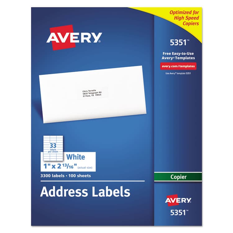 AVERY PRODUCTS CORPORATION Copier Mailing Labels, Copiers, 1 x 2.81, White, 33/Sheet, 100 Sheets/Box (AVE5351)