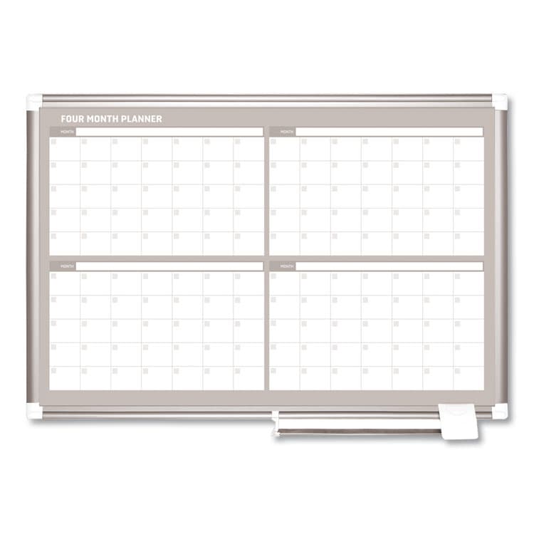 BI-SILQUE VISUAL COMMUNICATION PRODUCTS Magnetic Dry Erase Calendar Board, Four-Month Planning/Scheduling, 36" x 24", White Surface, Satin Aluminum Frame (BVCGA03105830)