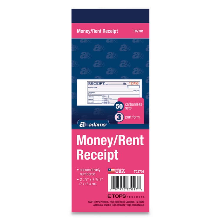 CARDINAL BRANDS . Receipt Book, Three-Part Carbonless, 2.75 x 7.19, 50 Forms Total (ABFTC2701)