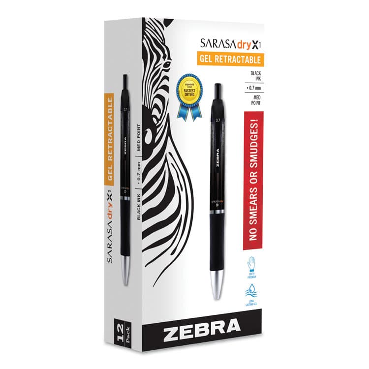 ZEBRA PEN CORP. Sarasa Dry Gel X1 Gel Pen, Retractable, Medium 0.7 mm, Black Ink, Black Barrel, 12/Pack (ZEB45610)