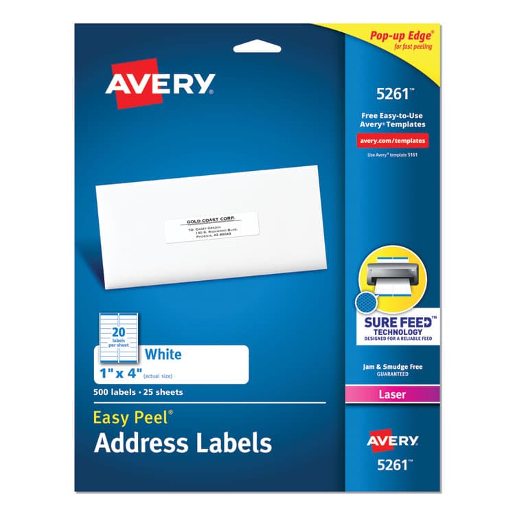 AVERY PRODUCTS CORPORATION Easy Peel White Address Labels w/ Sure Feed Technology, Laser Printers, 1 x 4, White, 20/Sheet, 25 Sheets/Pack (AVE5261)