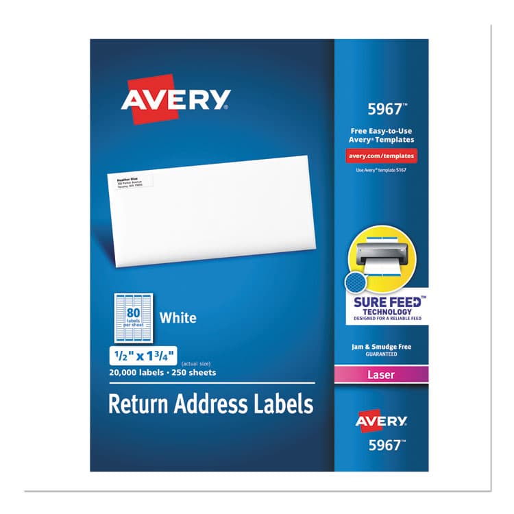 AVERY PRODUCTS CORPORATION White Address Labels w/ Sure Feed Technology for Laser Printers, Laser Printers, 0.5 x 1.75, White, 80/Sheet, 250 Sheets/Box (AVE5967)