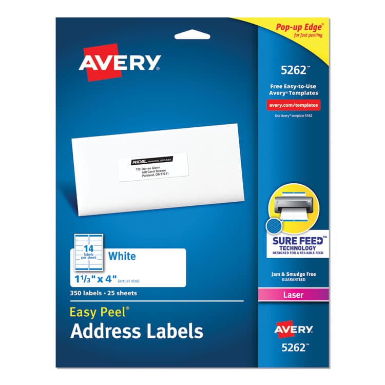 AVERY PRODUCTS CORPORATION Easy Peel White Address Labels w/ Sure Feed Technology, Laser Printers, 1.33 x 4, White, 14/Sheet, 25 Sheets/Pack (AVE5262)