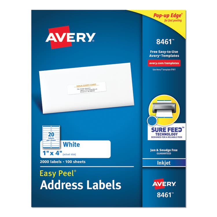 AVERY PRODUCTS CORPORATION Easy Peel White Address Labels w/ Sure Feed Technology, Inkjet Printers, 1 x 4, White, 20/Sheet, 100 Sheets/Box (AVE8461)