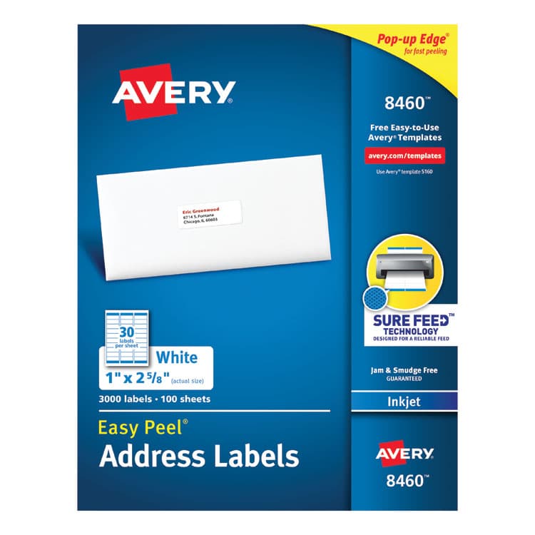 AVERY PRODUCTS CORPORATION Easy Peel White Address Labels w/ Sure Feed Technology, Inkjet Printers, 1 x 2.63, White, 30/Sheet, 100 Sheets/Box (AVE8460)