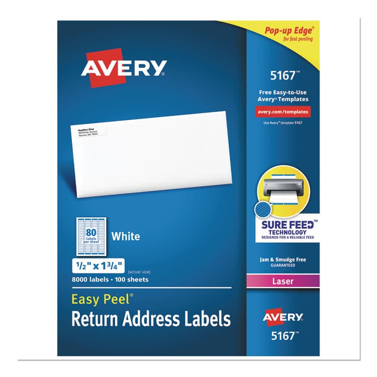 AVERY PRODUCTS CORPORATION Easy Peel White Address Labels w/ Sure Feed Technology, Laser Printers, 0.5 x 1.75, White, 80/Sheet, 100 Sheets/Box (AVE5167)
