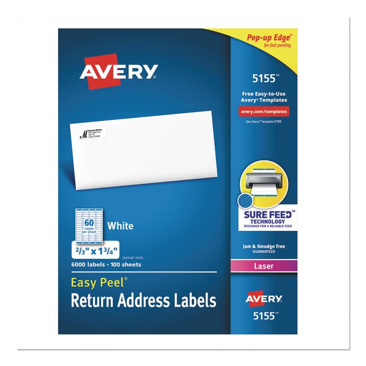 AVERY PRODUCTS CORPORATION Easy Peel White Address Labels w/ Sure Feed Technology, Laser Printers, 0.66 x 1.75, White, 60/Sheet, 100 Sheets/Pack (AVE5155)