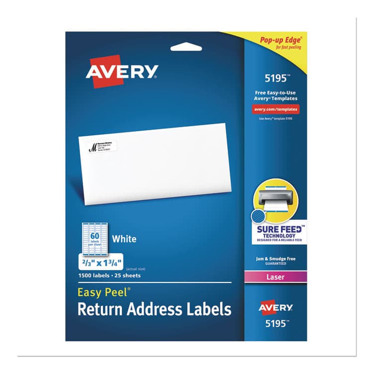 AVERY PRODUCTS CORPORATION Easy Peel White Address Labels w/ Sure Feed Technology, Laser Printers, 0.66 x 1.75, White, 60/Sheet, 25 Sheets/Pack (AVE5195)