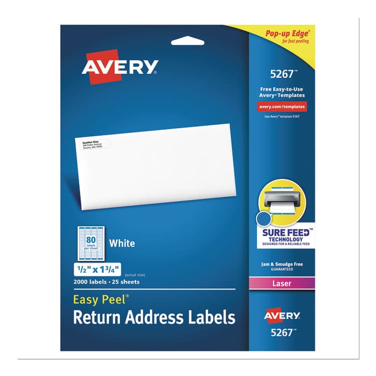 AVERY PRODUCTS CORPORATION Easy Peel White Address Labels w/ Sure Feed Technology, Laser Printers, 0.5 x 1.75, White, 80/Sheet, 25 Sheets/Pack (AVE5267)