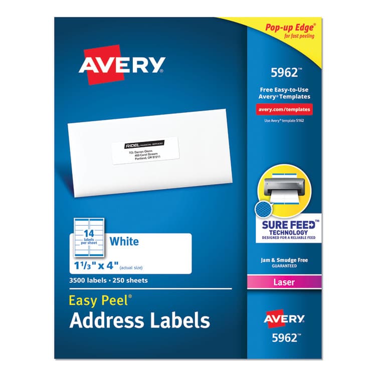 AVERY PRODUCTS CORPORATION Easy Peel White Address Labels w/ Sure Feed Technology, Laser Printers, 1.33 x 4, White, 14/Sheet, 250 Sheets/Box (AVE5962)