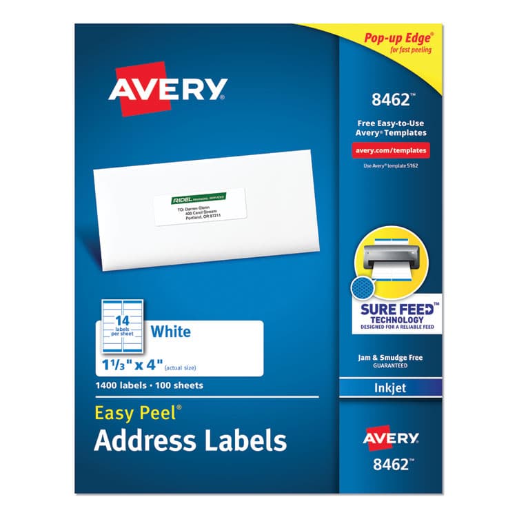 AVERY PRODUCTS CORPORATION Easy Peel White Address Labels w/ Sure Feed Technology, Inkjet Printers, 1.33 x 4, White, 14/Sheet, 100 Sheets/Box (AVE8462)